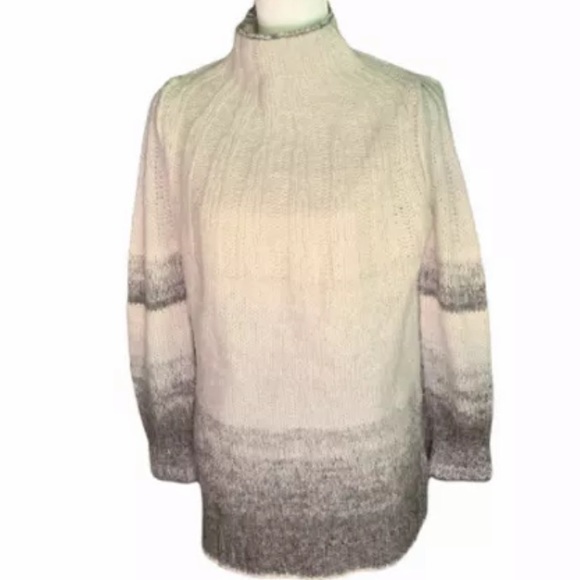By Anthropologie Women Sweater Wool Alpaca Blend Mock Neck Stripe Gray cream - Picture 1 of 9